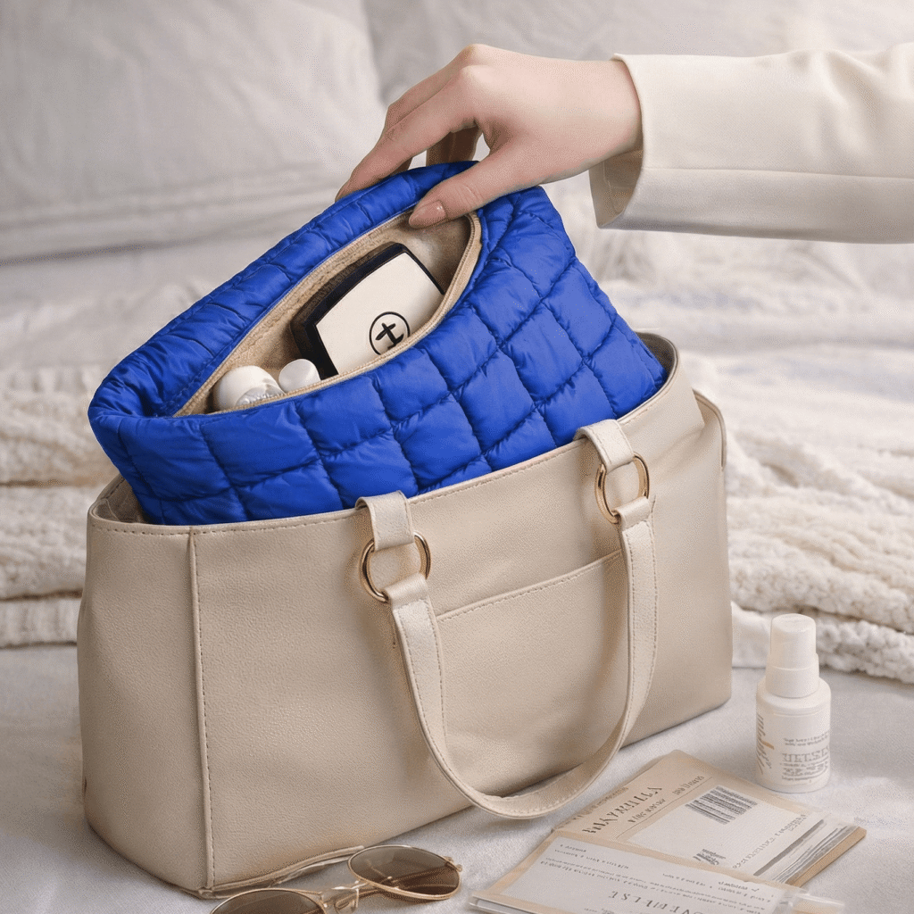 Premium Blue Quilted Makeup Pouch